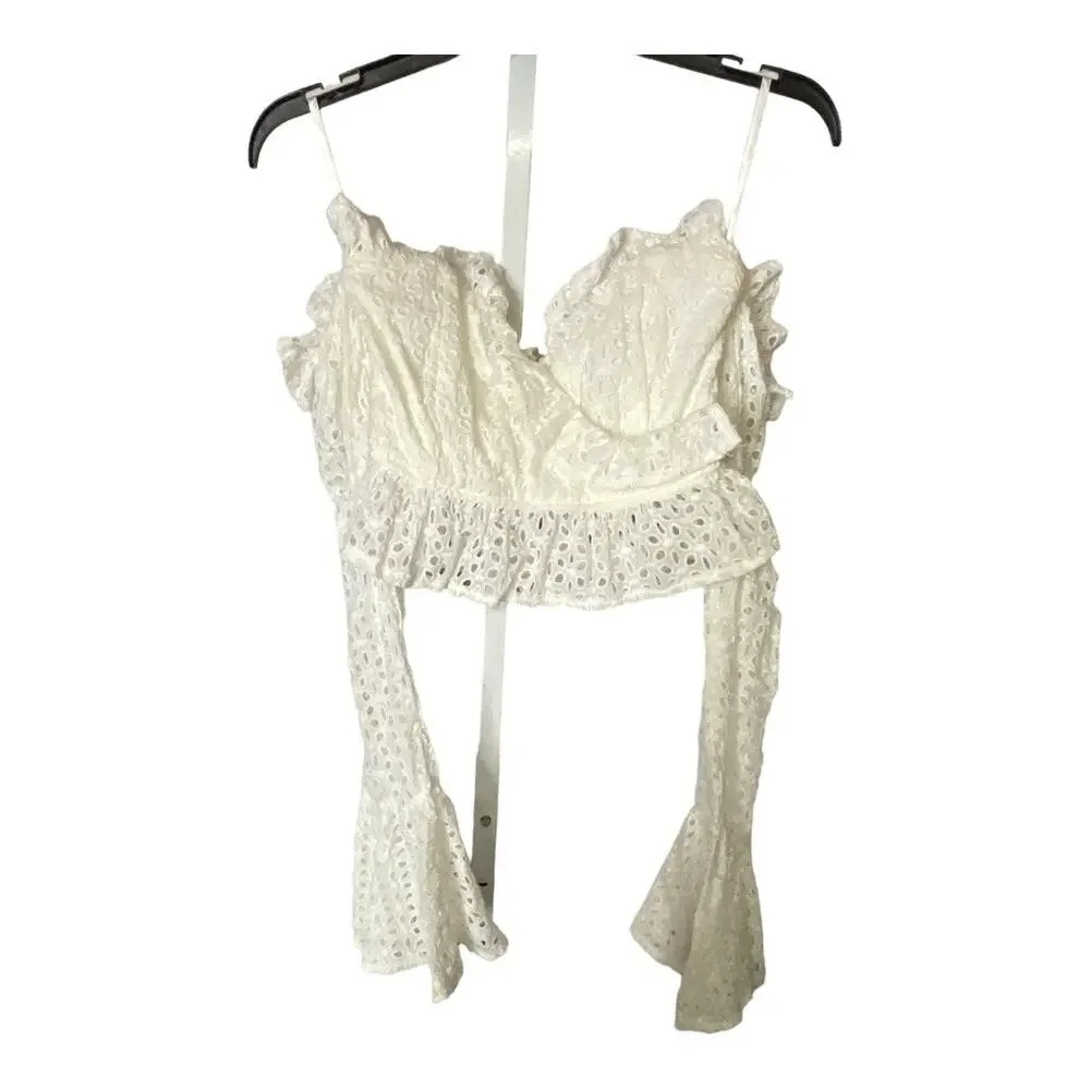 Sabo Luxe Women's Size Small Bell Sleeve Crop Top White Lace Eyelet Zip Up NWT